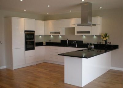 Black counter white cabinets