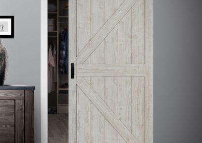 Close up of closed wooden door in the empty room with copy space